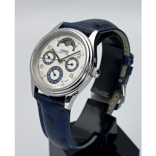 (SOLD!!) 35mm • Oris Silver Blue Moon Phase Triple Calendar Complication